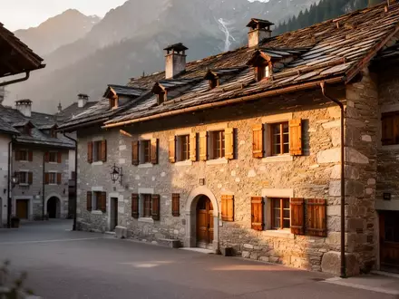 Historisches Gebäude vor einer Bergkulisse im Kanton Waadt bei Sonnenuntergang. - Foto: über boerse-global.de
