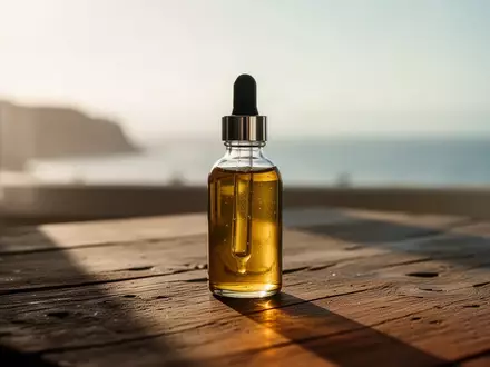 Ein bernsteinfarbenes Öl in einer Glasflasche auf einem Holztisch bei natürlichem Morgenlicht. - Foto: über boerse-global.de