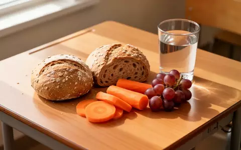Eine Auswahl gesunder Lebensmittel wie Vollkornbrot, Karotten und Weintrauben auf einem hölzernen Schultisch. - Foto: über boerse-global.de