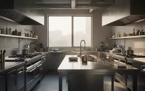 Eine moderne, minimalistische Industrieküche mit Edelstahlflächen und professioneller Ausstattung in natürlichem Licht. - Foto: über boerse-global.de
