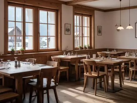 Ein leerer Gastraum in einem Schweizer Restaurant mit Holztischen bei natürlichem Tageslicht. - Foto: über boerse-global.de