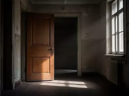 Ein dunkler Flur in einem Wohngebäude mit einer leicht geöffneten Holztür und einfallendem Licht. - Foto: über boerse-global.de