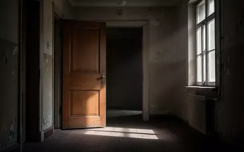 Ein dunkler Flur in einem Wohngebäude mit einer leicht geöffneten Holztür und einfallendem Licht. - Foto: über boerse-global.de