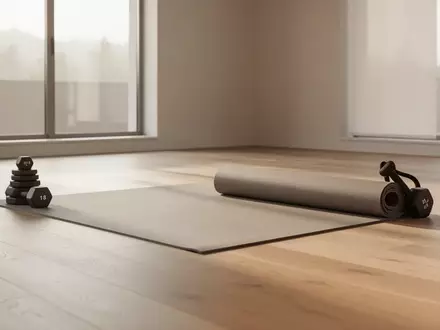 Ein minimalistischer Übungsraum mit einer Yogamatte und Hanteln auf einem hellen Holzboden in natürlichem Licht. - Foto: über boerse-global.de