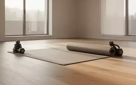 Ein minimalistischer Übungsraum mit einer Yogamatte und Hanteln auf einem hellen Holzboden in natürlichem Licht. - Foto: über boerse-global.de