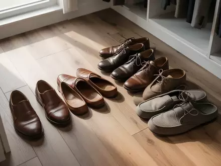 Eine ordentlich aufgereihte Auswahl an leeren Schuhen auf einem Holzboden in einem hellen, aufgeräumten Raum. - Foto: über boerse-global.de