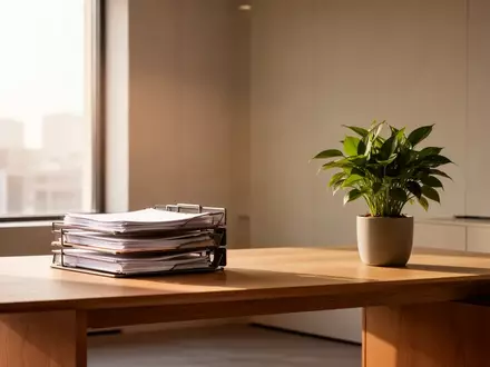 Ein aufgeräumter, moderner Büroarbeitsplatz mit einem Schreibtisch, Aktenordnern und einer Pflanze in hellem Tageslicht. - Foto: über boerse-global.de