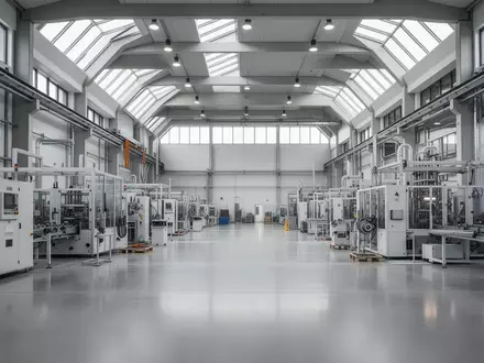 Eine leere, moderne Industriehalle in Deutschland mit komplexen Maschinen bei natürlichem Lichteinfall. - Foto: über boerse-global.de