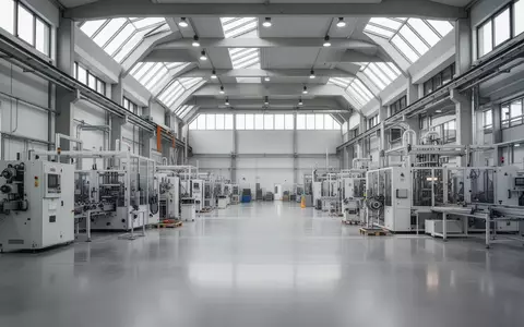 Eine leere, moderne Industriehalle in Deutschland mit komplexen Maschinen bei natürlichem Lichteinfall. - Foto: über boerse-global.de