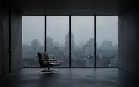 Ein leeres, minimalistisches Büro bei Dämmerung mit Blick auf eine Stadtkulisse, das die psychische Belastung im Management symbolisiert. - Foto: über boerse-global.de