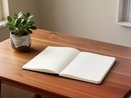 Ein minimalistischer Arbeitsplatz mit einem hölzernen Schreibtisch, einer kleinen Pflanze und einem leeren Notizbuch bei natürlichem Licht. - Foto: über boerse-global.de