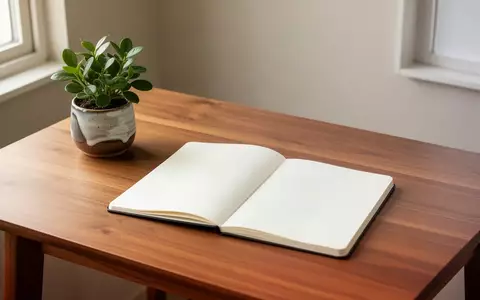 Ein minimalistischer Arbeitsplatz mit einem hölzernen Schreibtisch, einer kleinen Pflanze und einem leeren Notizbuch bei natürlichem Licht. - Foto: über boerse-global.de