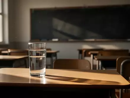 Ein Glas Wasser auf einem leeren Schulschreibtisch vor einer unscharfen Tafel in einem ruhigen Klassenzimmer. - Foto: über boerse-global.de