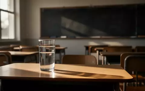 Ein Glas Wasser auf einem leeren Schulschreibtisch vor einer unscharfen Tafel in einem ruhigen Klassenzimmer. - Foto: über boerse-global.de