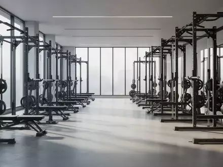 Ein moderner, leerer Fitnessraum mit Kraftgeräten und Hantelbanken in einer hellen, professionellen Umgebung. - Foto: über boerse-global.de