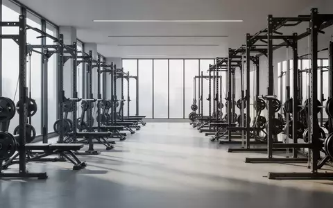 Ein moderner, leerer Fitnessraum mit Kraftgeräten und Hantelbanken in einer hellen, professionellen Umgebung. - Foto: über boerse-global.de