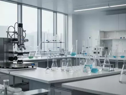 Moderne, sterile Laborumgebung mit wissenschaftlichen Geräten und Glaswaren auf weißen Arbeitsflächen. - Foto: über boerse-global.de