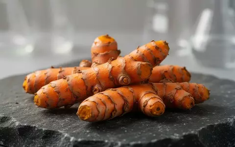 Frische Kurkumawurzeln liegen auf einer dunklen Steinoberfläche vor einem unscharfen Laborhintergrund. - Foto: über boerse-global.de