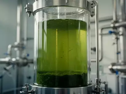 Ein gläserner Bioreaktor mit einer leuchtend grünen Mikroalgenkultur in einem sterilen Labor. - Foto: über boerse-global.de