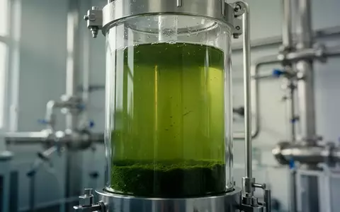 Ein gläserner Bioreaktor mit einer leuchtend grünen Mikroalgenkultur in einem sterilen Labor. - Foto: über boerse-global.de