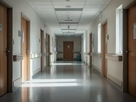 Ein leerer, steril wirkender Krankenhausflur mit geschlossenen Türen und einfallendem Tageslicht. - Foto: über boerse-global.de