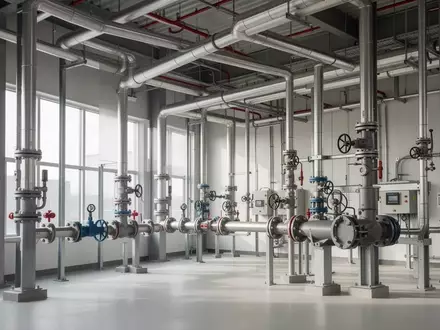 Moderne Brandschutz-Technikanlage mit freiliegenden Rohrleitungen und industriellen Armaturen in einem Schulungszentrum. - Foto: über boerse-global.de