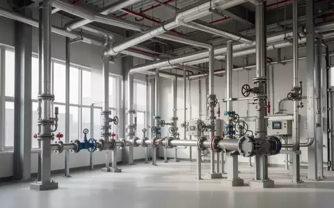 Moderne Brandschutz-Technikanlage mit freiliegenden Rohrleitungen und industriellen Armaturen in einem Schulungszentrum. - Foto: über boerse-global.de