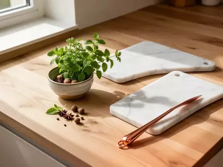 Eine helle, minimalistische Holzküchenarbeitsplatte mit einer kleinen Schale aus frischen Kräutern und einem leeren Schneidebrett. - Foto: über boerse-global.de