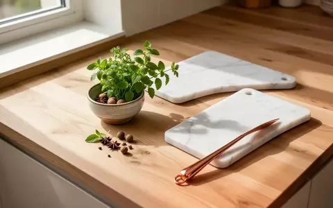 Eine helle, minimalistische Holzküchenarbeitsplatte mit einer kleinen Schale aus frischen Kräutern und einem leeren Schneidebrett. - Foto: über boerse-global.de