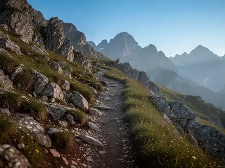 Ein rauer Bergpfad in den Alpen bei Morgenlicht, der die Umgebung für eine ausgedehnte Wanderung zeigt. - Foto: über boerse-global.de