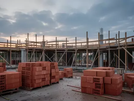 Eine unfertige Baustelle mit Ziegelsteinen und Gerüsten bei Dämmerung, die die schwierigen Bedingungen für den Wohnungsbau symbolisiert. - Foto: über boerse-global.de
