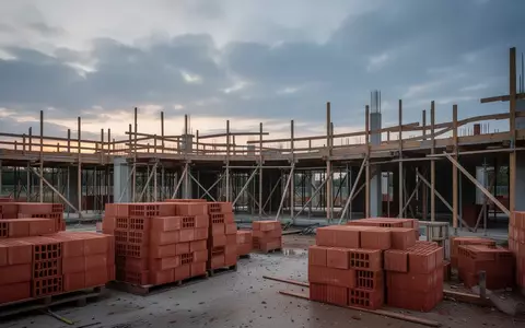 Eine unfertige Baustelle mit Ziegelsteinen und Gerüsten bei Dämmerung, die die schwierigen Bedingungen für den Wohnungsbau symbolisiert. - Foto: über boerse-global.de