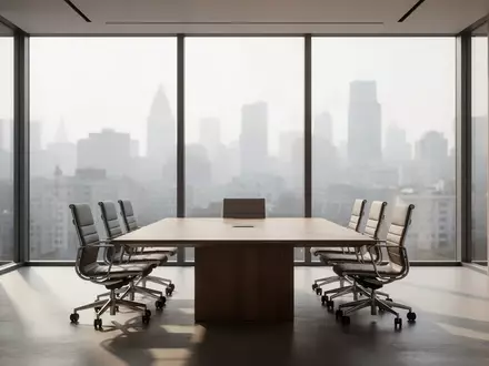Ein minimalistischer, moderner Konferenzraum mit bodentiefen Fenstern und Blick auf eine Stadtkulisse. - Foto: über boerse-global.de