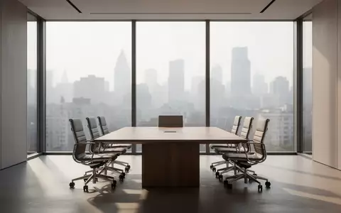 Ein minimalistischer, moderner Konferenzraum mit bodentiefen Fenstern und Blick auf eine Stadtkulisse. - Foto: über boerse-global.de