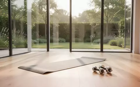 Ein heller, minimalistischer Raum mit einer Sportmatte und Hanteln auf einem Holzboden vor einem sonnigen Garten. - Foto: über boerse-global.de
