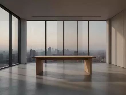 Ein minimalistisches, leeres Büro mit großen Fenstern und sanftem Tageslicht, das eine Atmosphäre von Ruhe und Klarheit vermittelt. - Foto: über boerse-global.de