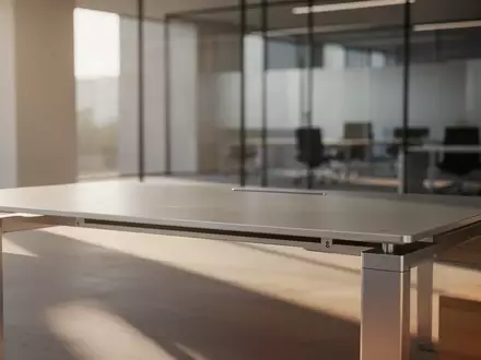 Ein minimalistischer, moderner Arbeitsplatz in einem lichtdurchfluteten Raum mit klaren architektonischen Linien und weichem Tageslicht. - Foto: über boerse-global.de