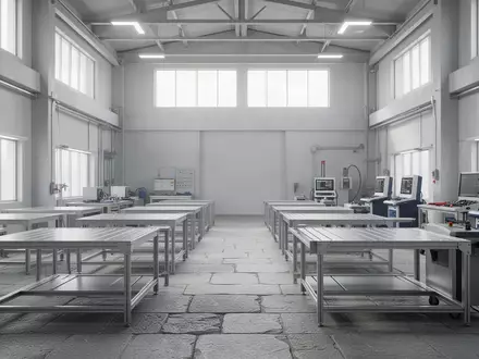 Eine leere, aufgeräumte Werkstatt mit hohen Decken und hellem Tageslicht, die eine sachliche Arbeitsumgebung darstellt. - Foto: über boerse-global.de