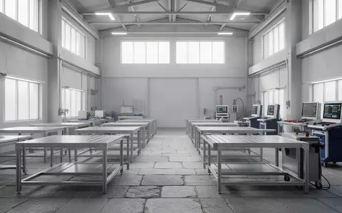 Eine leere, aufgeräumte Werkstatt mit hohen Decken und hellem Tageslicht, die eine sachliche Arbeitsumgebung darstellt. - Foto: über boerse-global.de