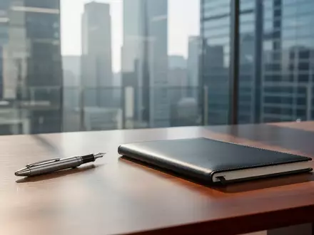 Ein minimalistischer Büroschreibtisch mit einem Füllfederhalter und einem Notizbuch vor einem verschwommenen Finanzviertel. - Foto: über boerse-global.de