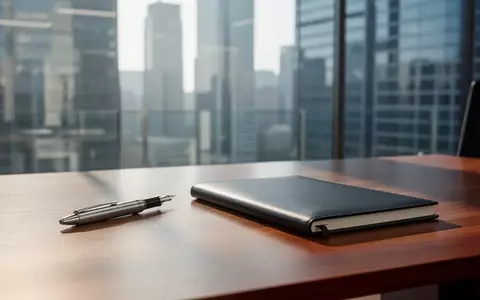 Ein minimalistischer Büroschreibtisch mit einem Füllfederhalter und einem Notizbuch vor einem verschwommenen Finanzviertel. - Foto: über boerse-global.de
