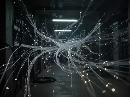 Ein abstraktes Netzwerk aus leuchtenden Glasfaserkabeln in einer dunklen, industriellen Umgebung als Symbol für digitale Risiken. - Foto: über boerse-global.de