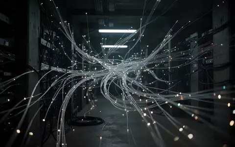 Ein abstraktes Netzwerk aus leuchtenden Glasfaserkabeln in einer dunklen, industriellen Umgebung als Symbol für digitale Risiken. - Foto: über boerse-global.de