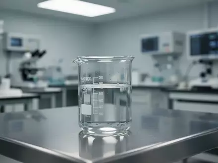 Ein steriler Labortisch mit einem Glasbecher, der eine klare Flüssigkeit enthält, in einer klinischen Umgebung. - Foto: über boerse-global.de