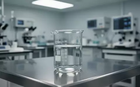 Ein steriler Labortisch mit einem Glasbecher, der eine klare Flüssigkeit enthält, in einer klinischen Umgebung. - Foto: über boerse-global.de