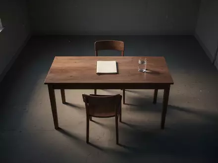 Ein minimalistischer, leerer Arbeitsplatz in einem Raum mit sanftem Dämmerungslicht und langen Schatten. - Foto: über boerse-global.de