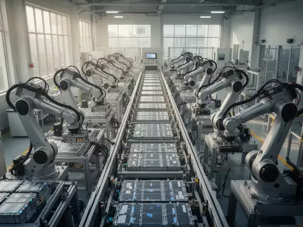Moderne Fertigungsanlage für Lithium-Ionen-Batteriezellen mit automatisierten Roboterarmen in einer Industriehalle. - Foto: über boerse-global.de