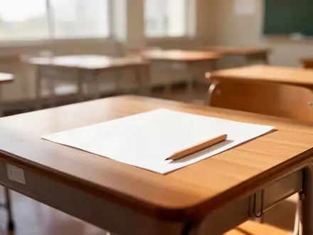 Ein leerer hölzerner Schultisch mit einem unbenutzten Stift in einem hellen, ruhigen Klassenzimmer. - Foto: über boerse-global.de