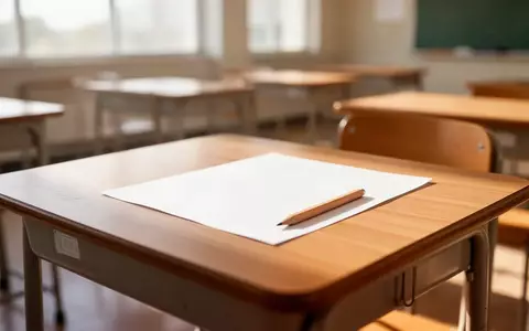 Ein leerer hölzerner Schultisch mit einem unbenutzten Stift in einem hellen, ruhigen Klassenzimmer. - Foto: über boerse-global.de