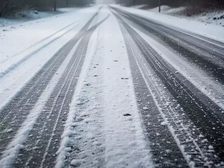 Verschneite Asphaltstraße mit leichten Reifenspuren an einem kalten Wintertag. - Foto: über boerse-global.de